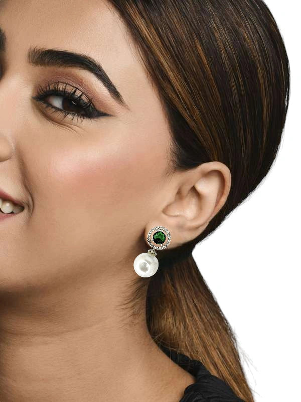 Green Emerald and Pearl Drop Earrings with Diamond Halo